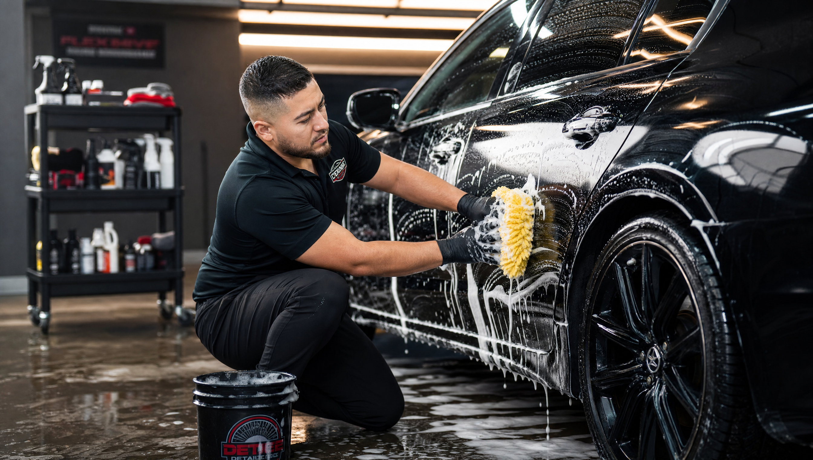 Professional detailer hand-washing a black luxury sedan with soap suds in a clean garage bay