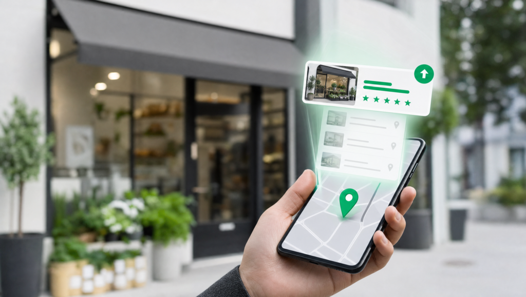 Local business owner doing Google Business Profile optimization on a phone showing a map location pin